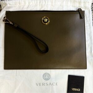 Versace Olive Green Clutch with Gold Medallion